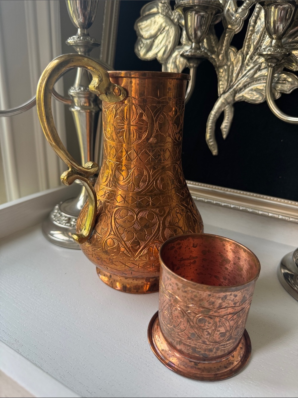 The Silk Road engraved Copper Pitcher with Brass Handle Copper Accent